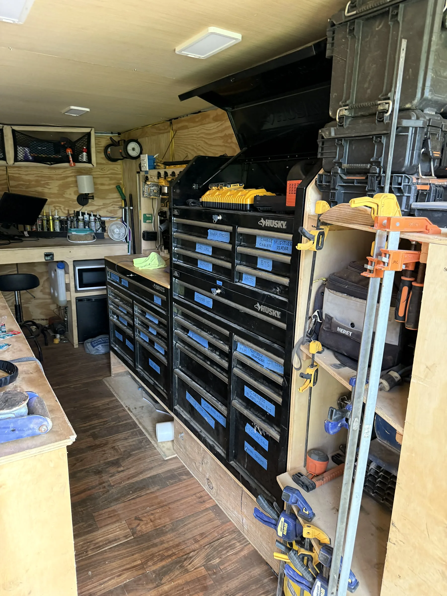 Plywood drawers and work surface inside the Biltout prototype